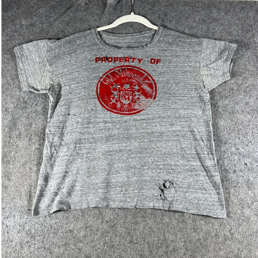 VINTAGE 70s Old Milwaukee Beer T Shirt Mens Medium Gray Graphic Tee Distressed
